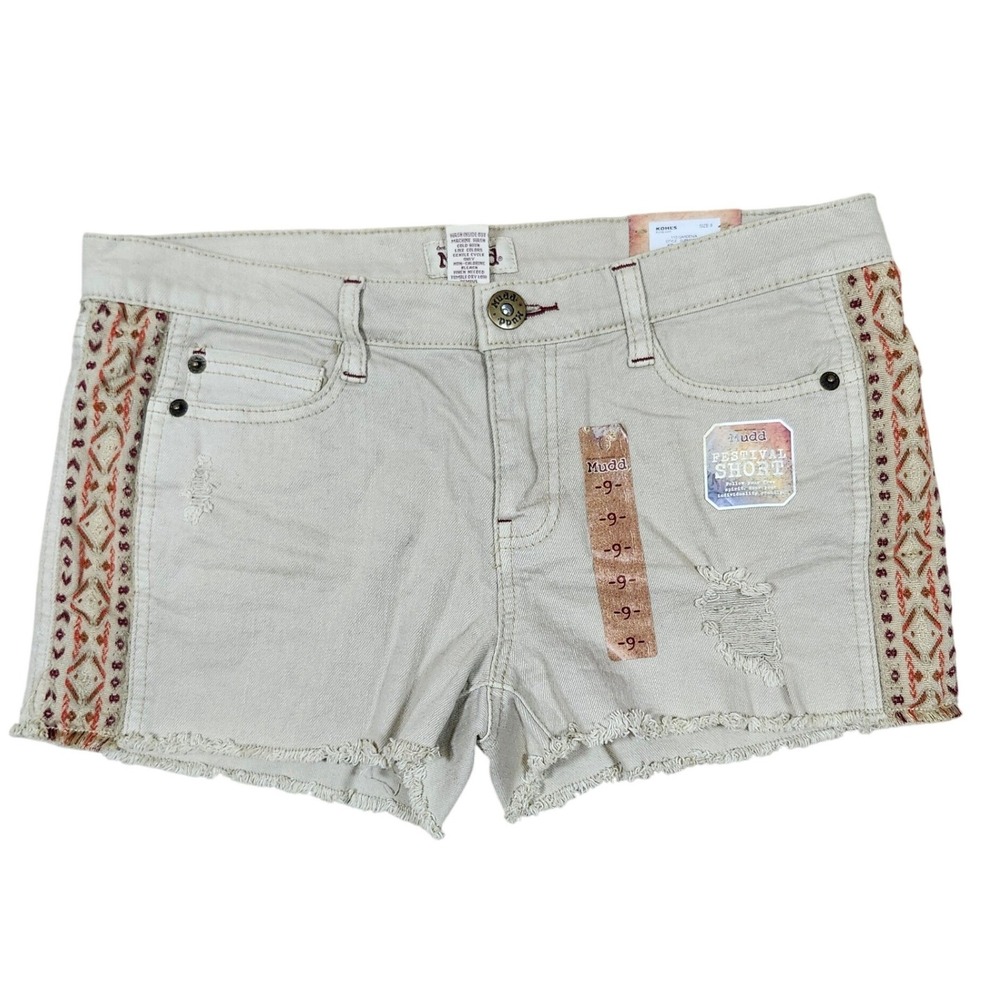 Mudd Festival Short Embroidered Side Taping Distressed Tan Boho Size 9